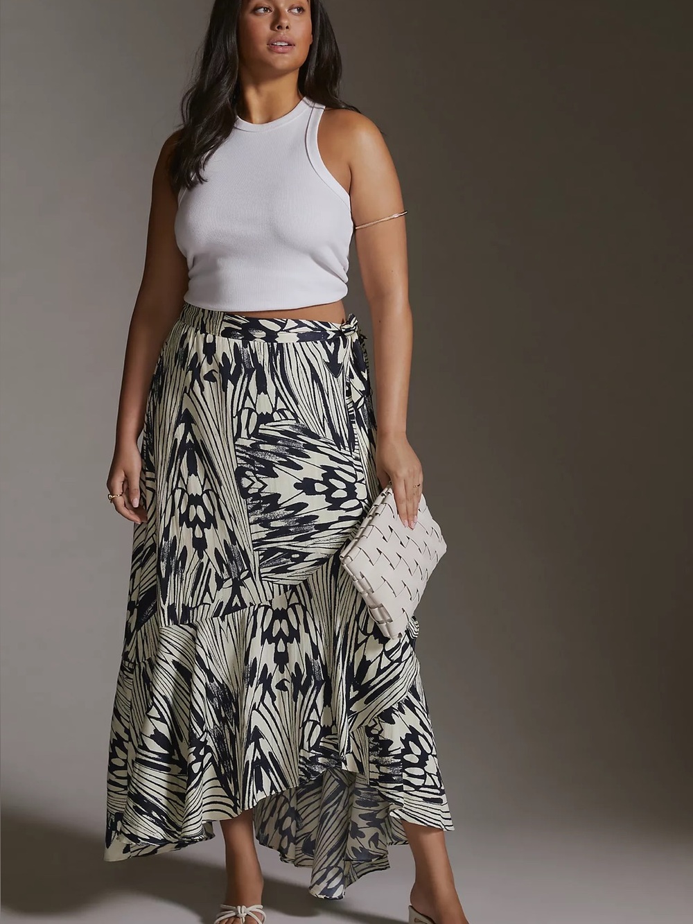 Anthropologie Navy and Cream Printed Ruffle Wrap Skirt Maeve L